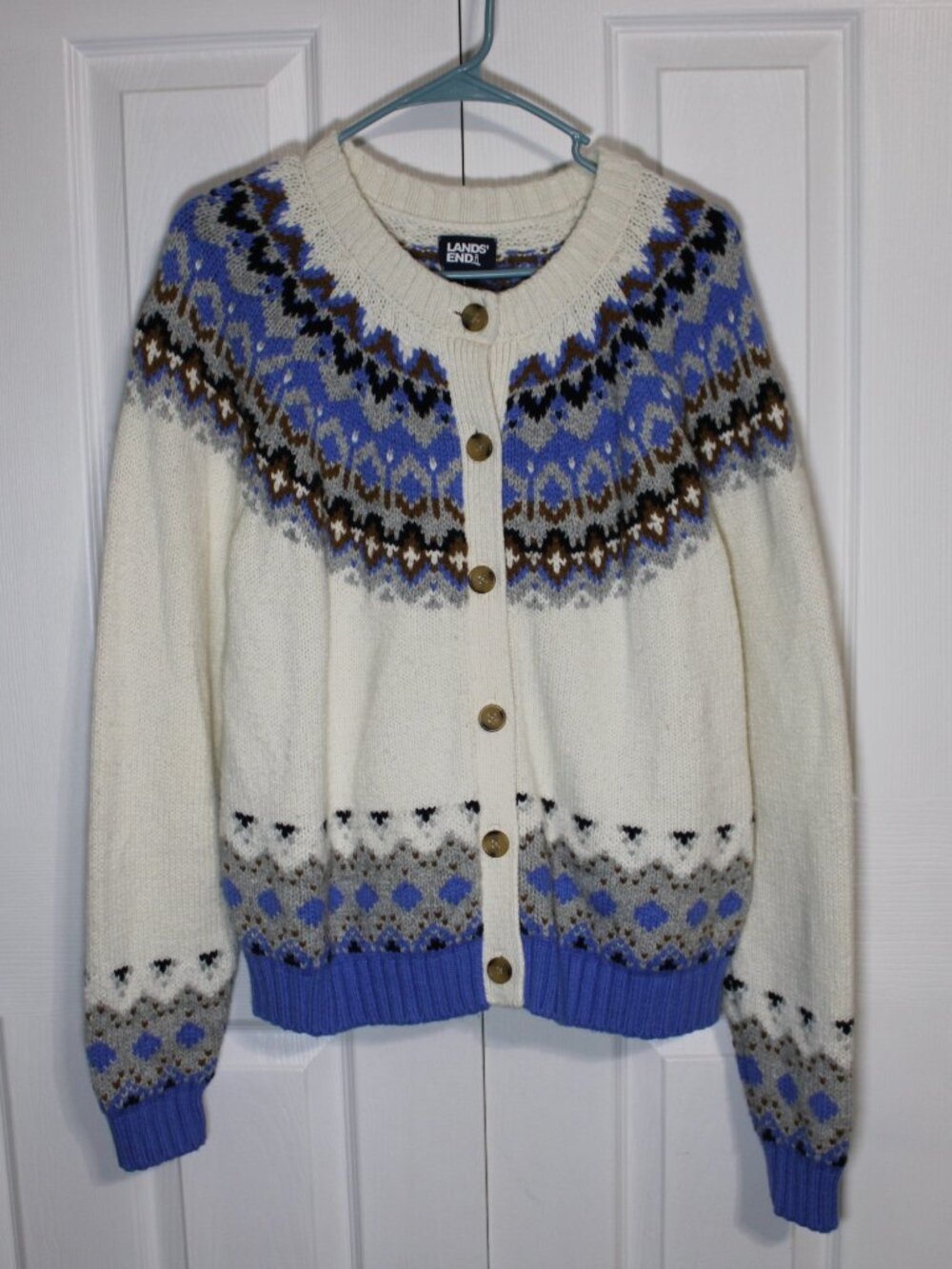 Land's End Blue and Cream Fair Isle Nordic Pattern Button Down Cardigan